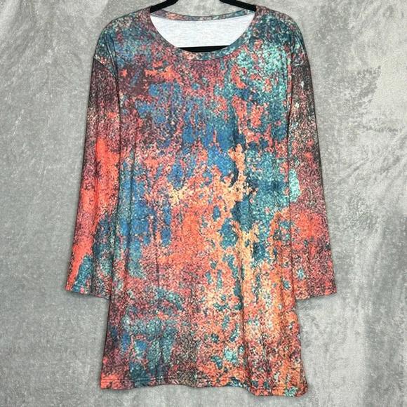 Amazon 2X Shirt Top Red Blue Abstract 3/4 Sleeve Scoop Neck Tunic Knit Womens - Picture 1 of 4